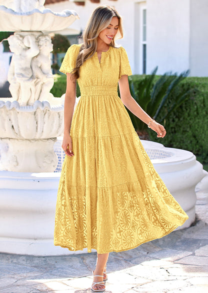 Floral A-Line Maxi Dress - Short Sleeve, V-Neck, Boho - Photo 33