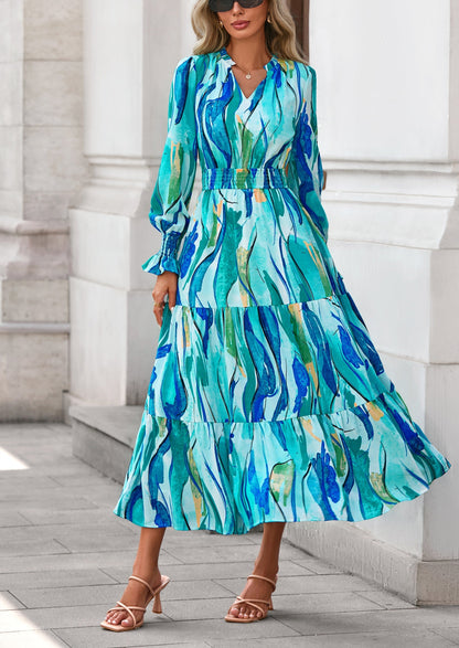 Floral A-Line Flowy Maxi Dress - Long Sleeve, V-Neck, Casual - photo 59