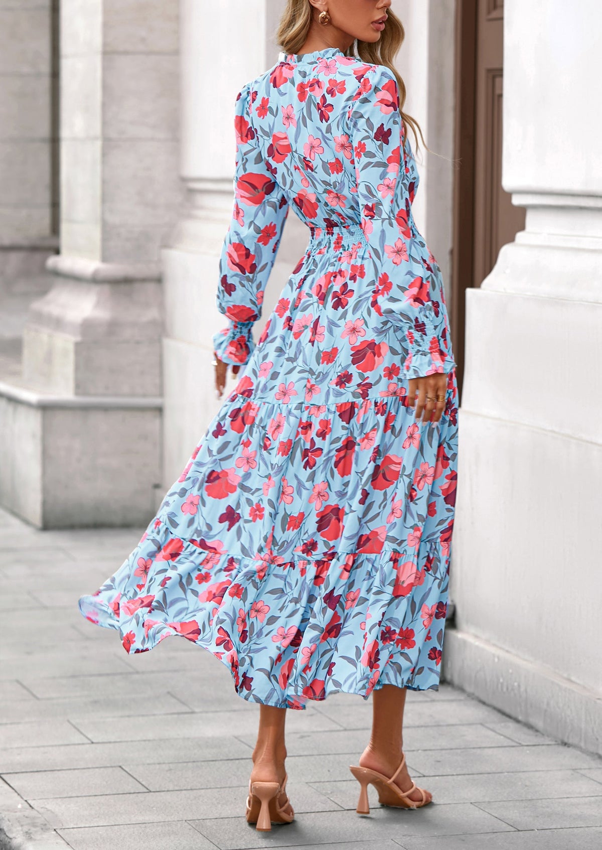 Floral A-Line Flowy Maxi Dress - Long Sleeve, V-Neck, Casual - photo 2