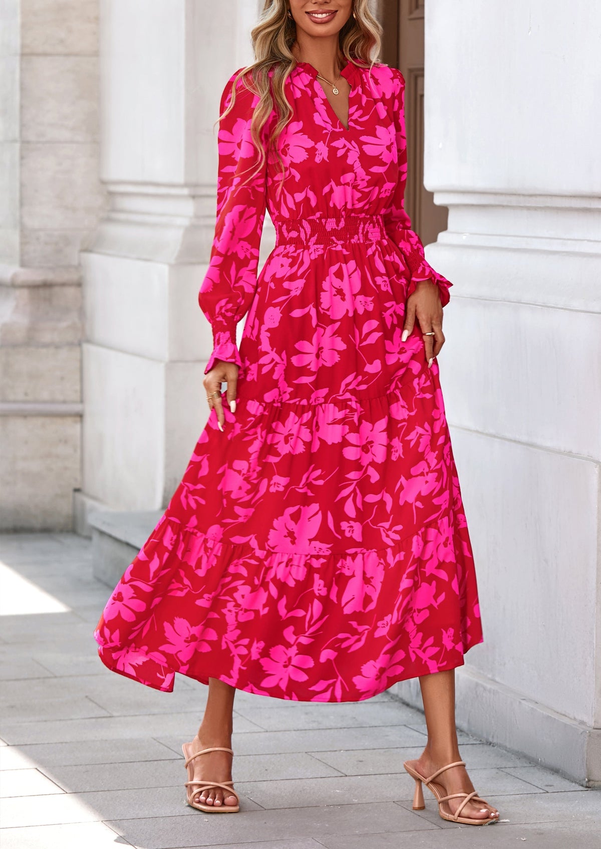 Floral A-Line Flowy Maxi Dress - Long Sleeve, V-Neck, Casual - photo 39