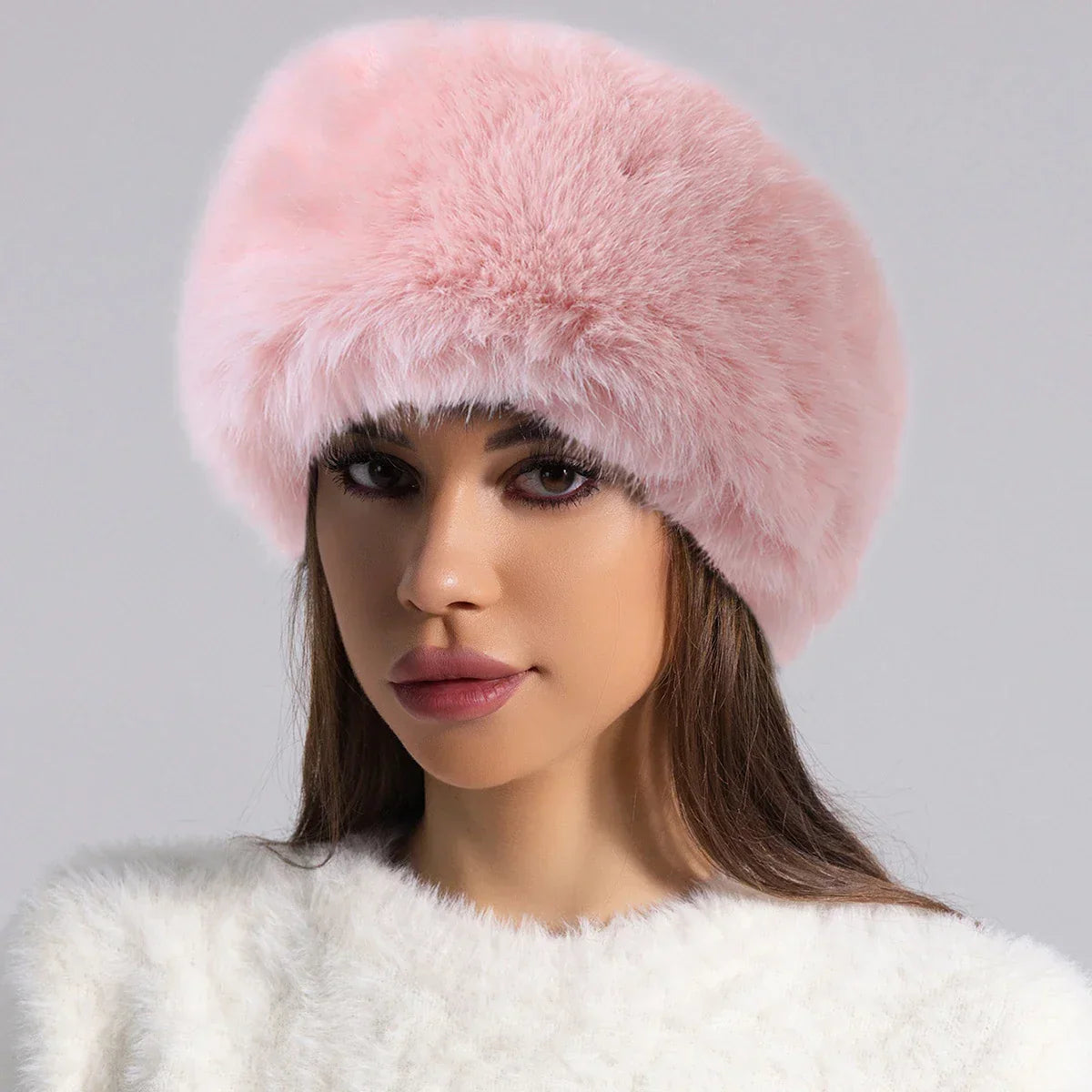 Women's solid furry round fur hat full coverage winter style warm sophisticated headwear