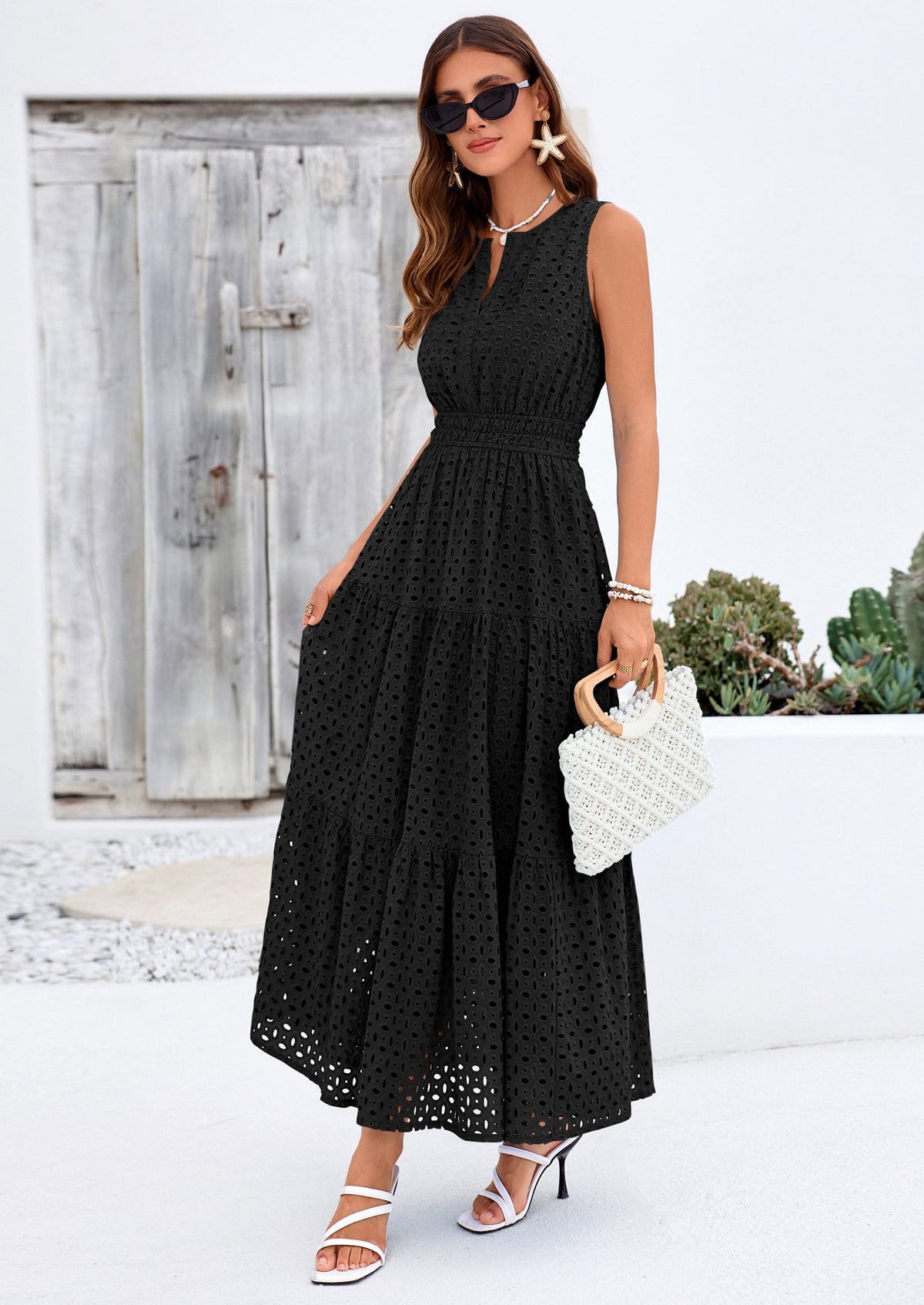 Eyelet A-Line Flowy Maxi Dress - Sleeveless, V-Neck, Beach - photo 16
