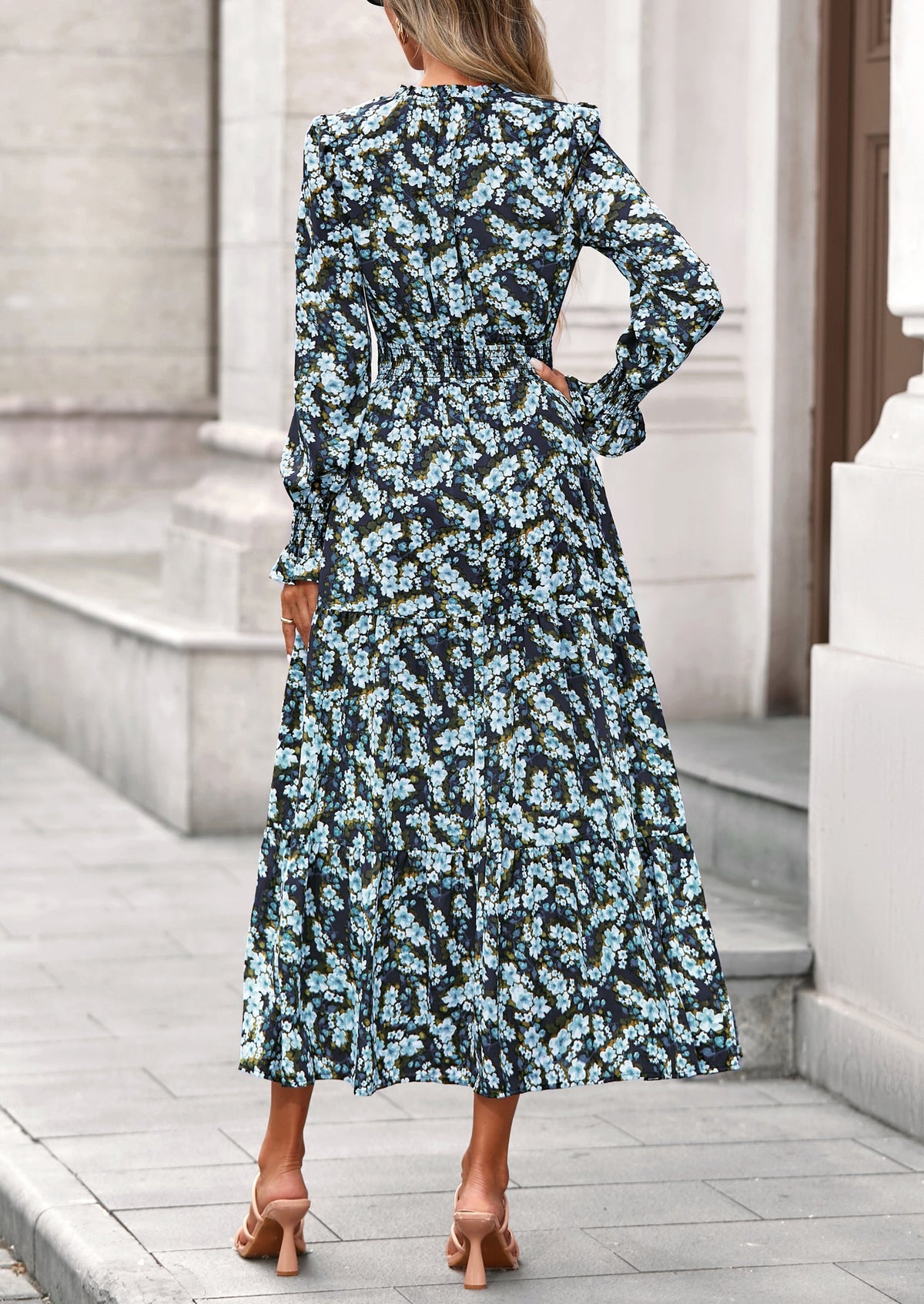 Floral A-Line Flowy Maxi Dress - Long Sleeve, V-Neck, Casual - photo 53