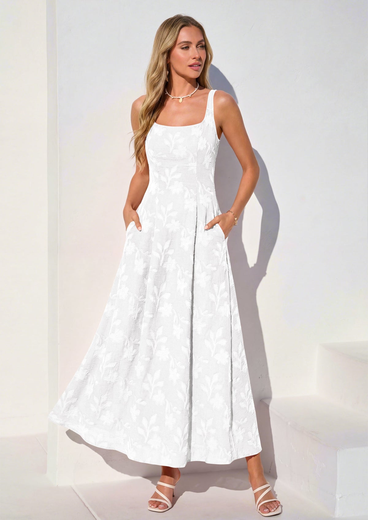 Jacquard Flowy Maxi Dress - Sleeveless, Square Neck, Casual - photo 33
