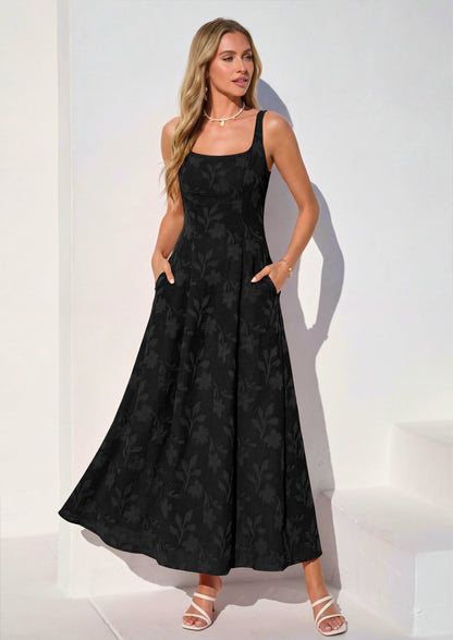 Jacquard Flowy Maxi Dress - Sleeveless, Square Neck, Casual - photo 27