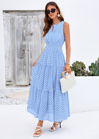 Eyelet A-Line Flowy Maxi Dress - Sleeveless, V-Neck, Beach - photo 5