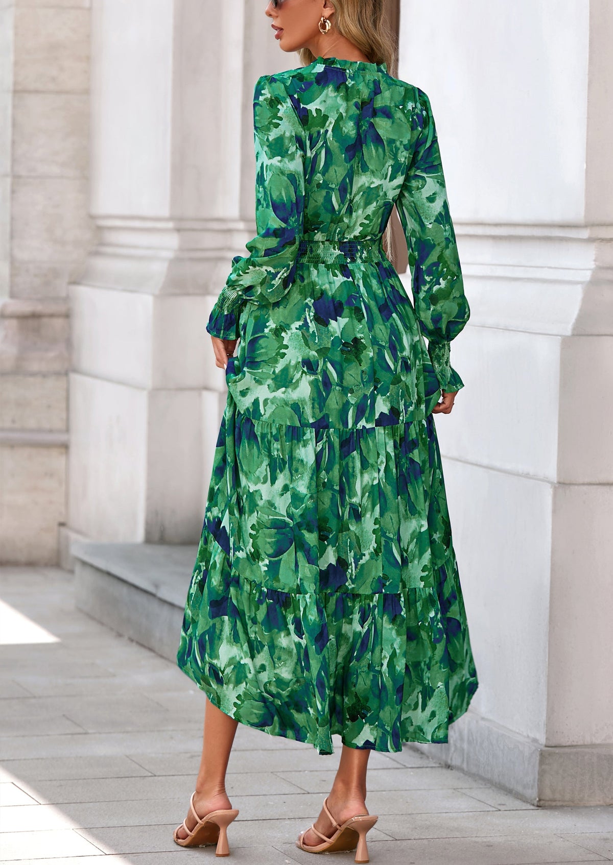 Floral A-Line Flowy Maxi Dress - Long Sleeve, V-Neck, Casual - photo 68