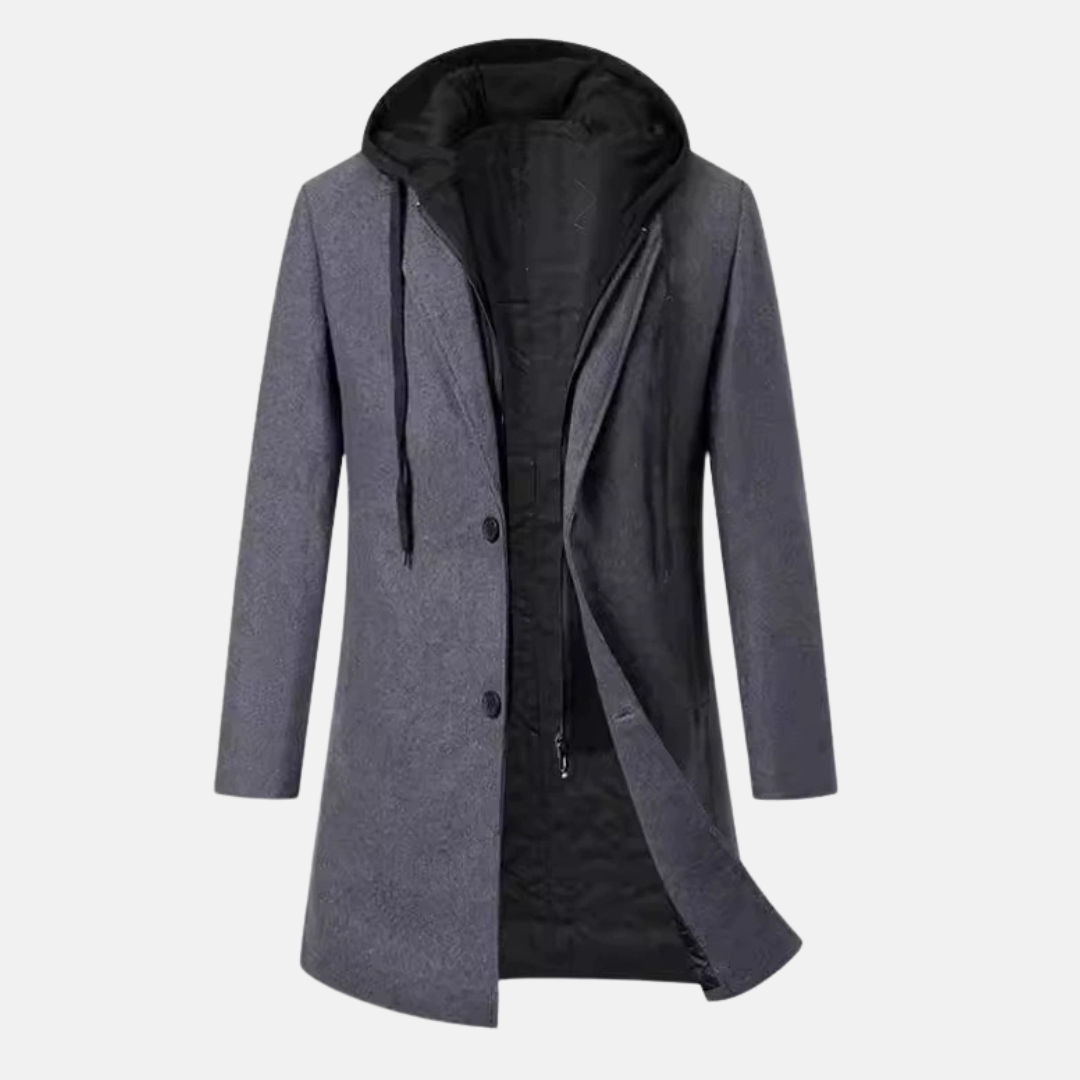 Men's charcoal wool blend overcoat tailored fit mid-length quilted lining removable hood Orsenvi