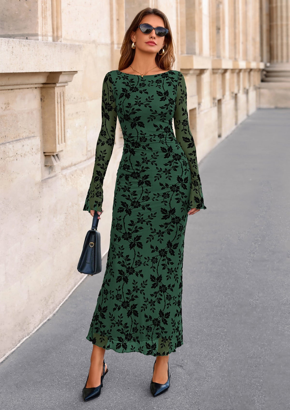 Floral Mesh Bodycon Maxi Dress - Long Sleeve, Boat Neck, photo 10