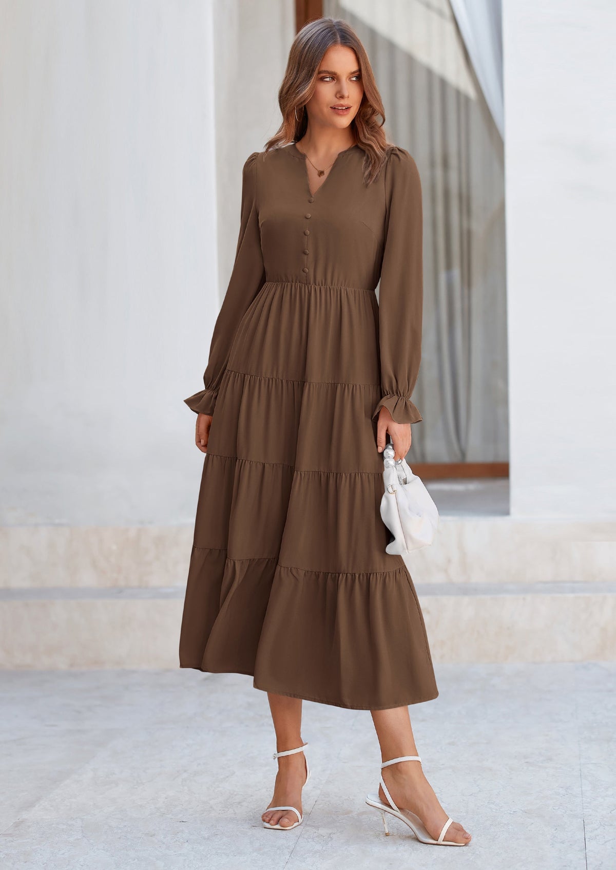 Brick Red Swiss Dot Smocked Tiered Maxi Dress - Long Sleeve, photo 88