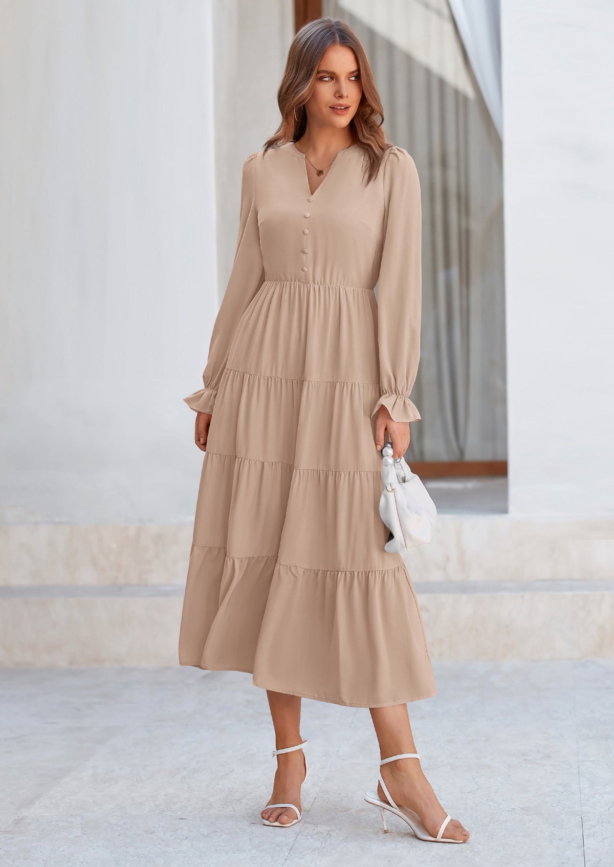 Brick Red Swiss Dot Smocked Tiered Maxi Dress - Long Sleeve, photo 111
