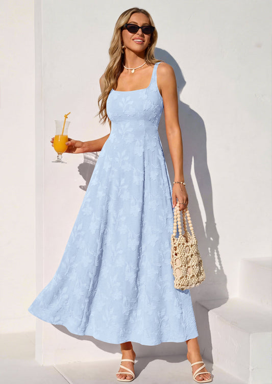 Jacquard Flowy Maxi Dress - Sleeveless, Square Neck, Casual - photo 1