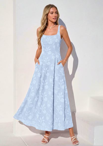 Jacquard Flowy Maxi Dress - Sleeveless, Square Neck, Casual - photo 2