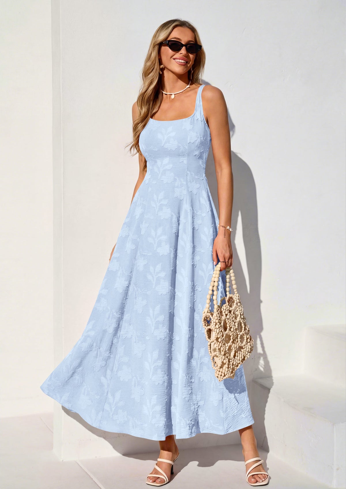 Jacquard Flowy Maxi Dress - Sleeveless, Square Neck, Casual - photo 4
