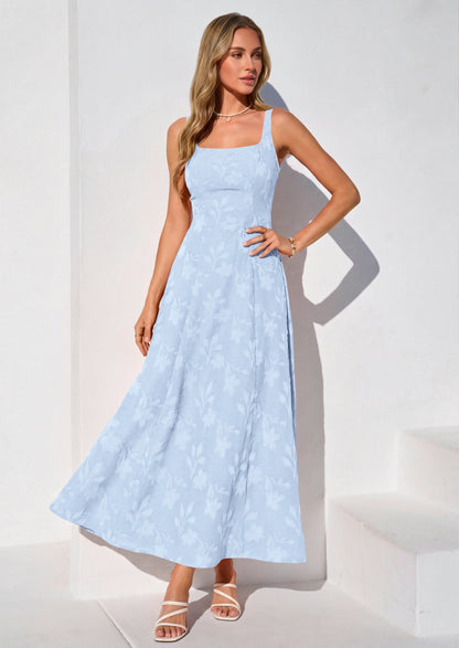 Jacquard Flowy Maxi Dress - Sleeveless, Square Neck, Casual - photo 5