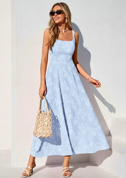 Jacquard Flowy Maxi Dress - Sleeveless, Square Neck, Casual - photo 6