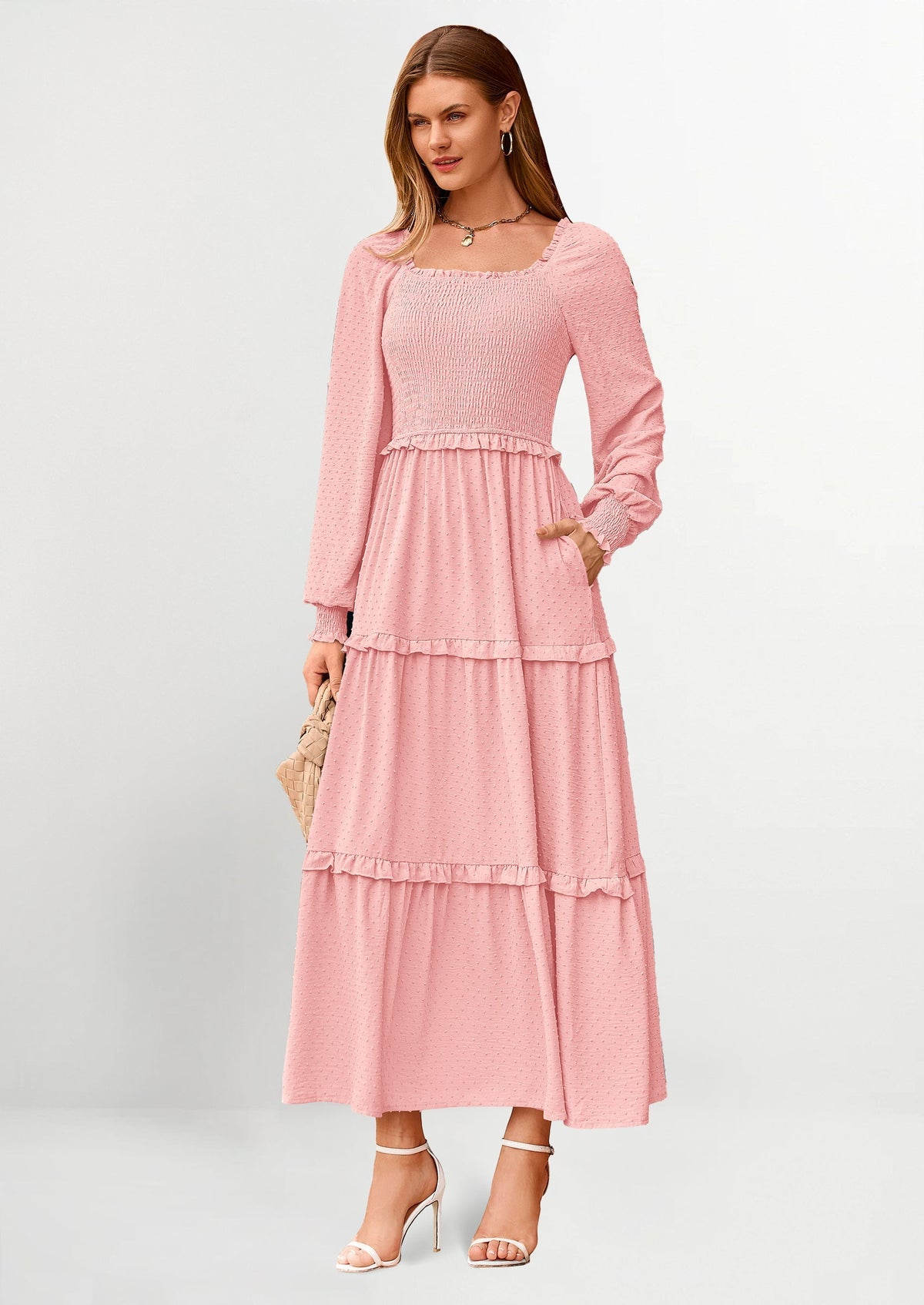 Beige Swiss Dot Smocked Tiered Maxi Dress - Long Sleeve, photo 10