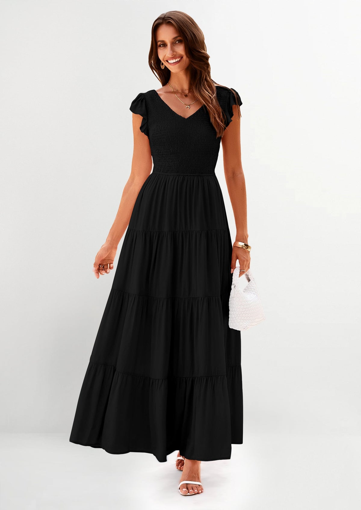Flowy Smocked Maxi Dress - Cap Sleeve, V-Neck, Casual - photo 20