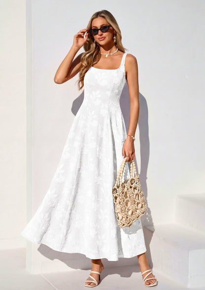 Jacquard Flowy Maxi Dress - Sleeveless, Square Neck, Casual - photo 34