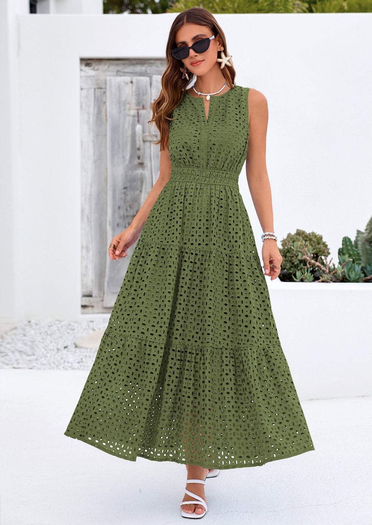 Eyelet A-Line Flowy Maxi Dress - Sleeveless, V-Neck, Beach - photo 17