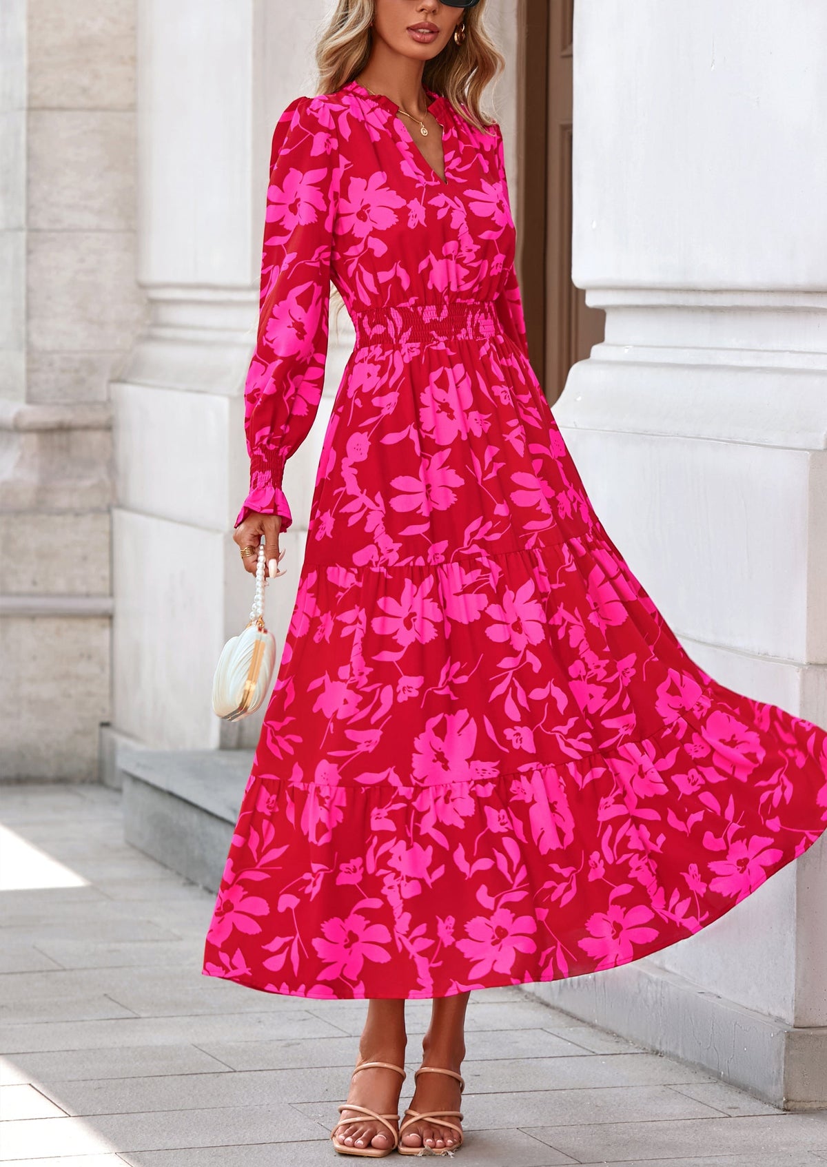 Floral A-Line Flowy Maxi Dress - Long Sleeve, V-Neck, Casual - photo 40