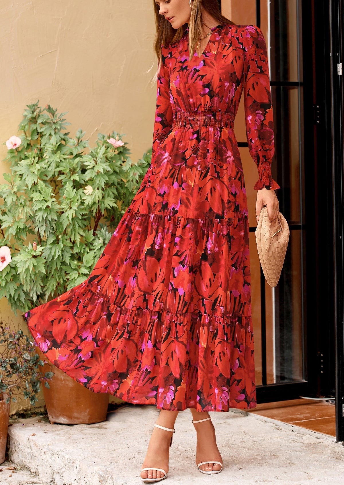 Floral A-Line Flowy Maxi Dress - Long Sleeve, V-Neck, Casual - photo 16