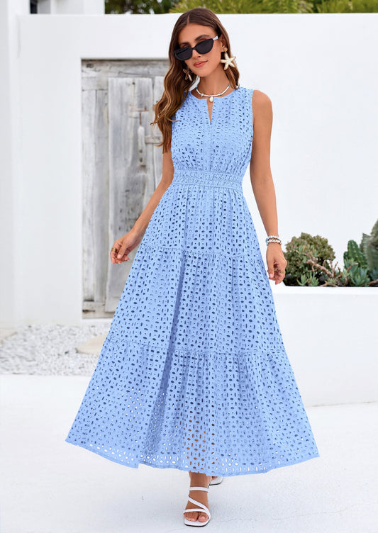 Eyelet A-Line Flowy Maxi Dress - Sleeveless, V-Neck, Beach - photo 1