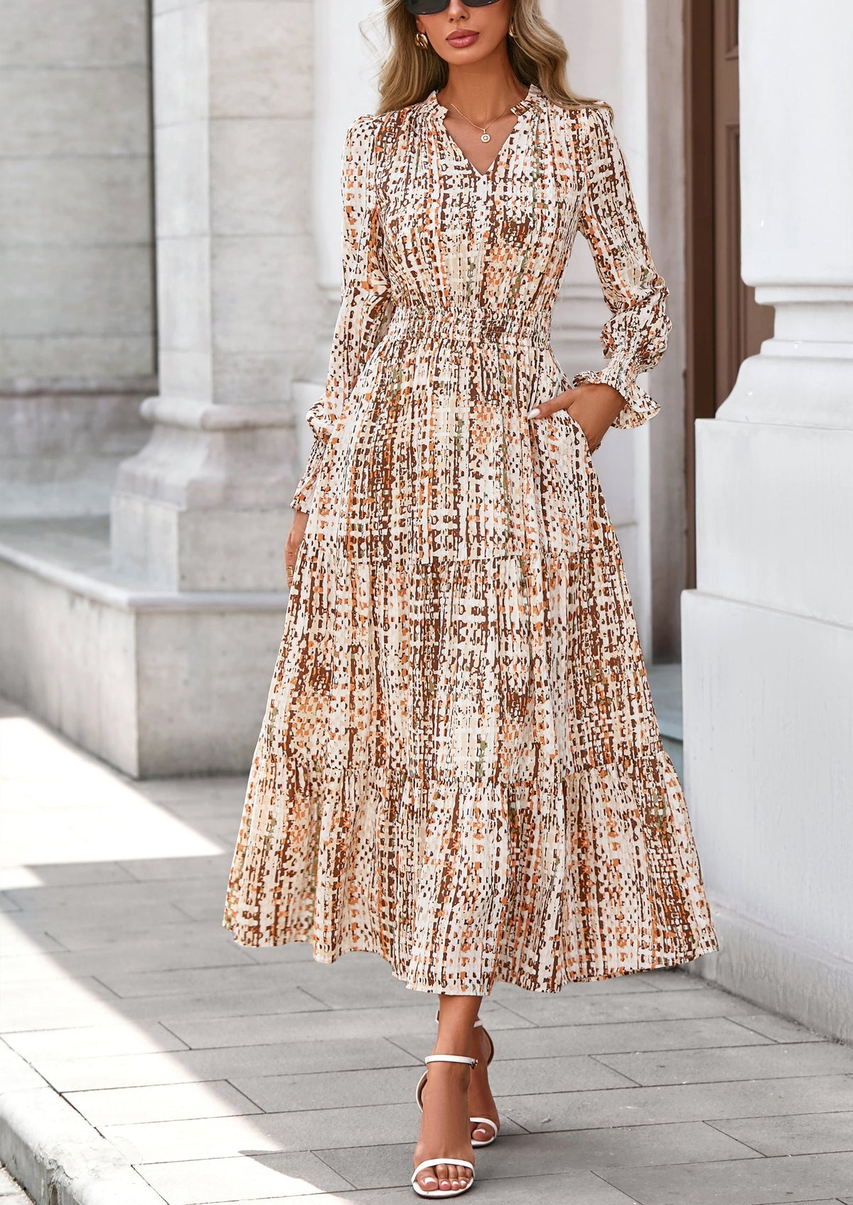 Floral A-Line Flowy Maxi Dress - Long Sleeve, V-Neck, Casual - photo 49