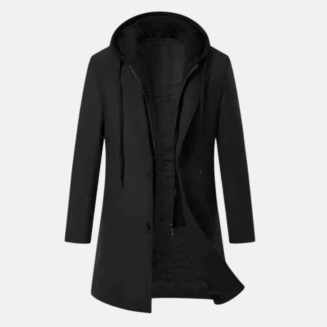 Men's charcoal wool blend overcoat tailored fit mid-length quilted lining removable hooded insert Orsenvi