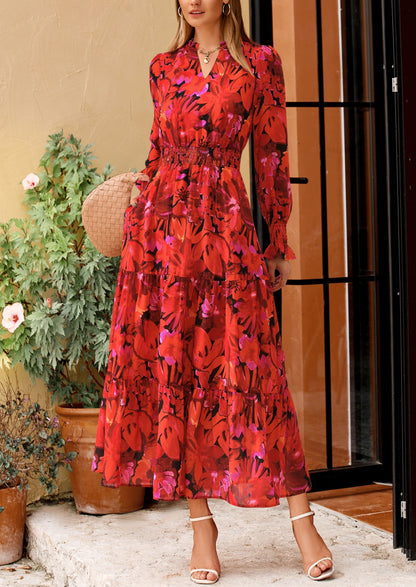 Floral A-Line Flowy Maxi Dress - Long Sleeve, V-Neck, Casual - photo 17