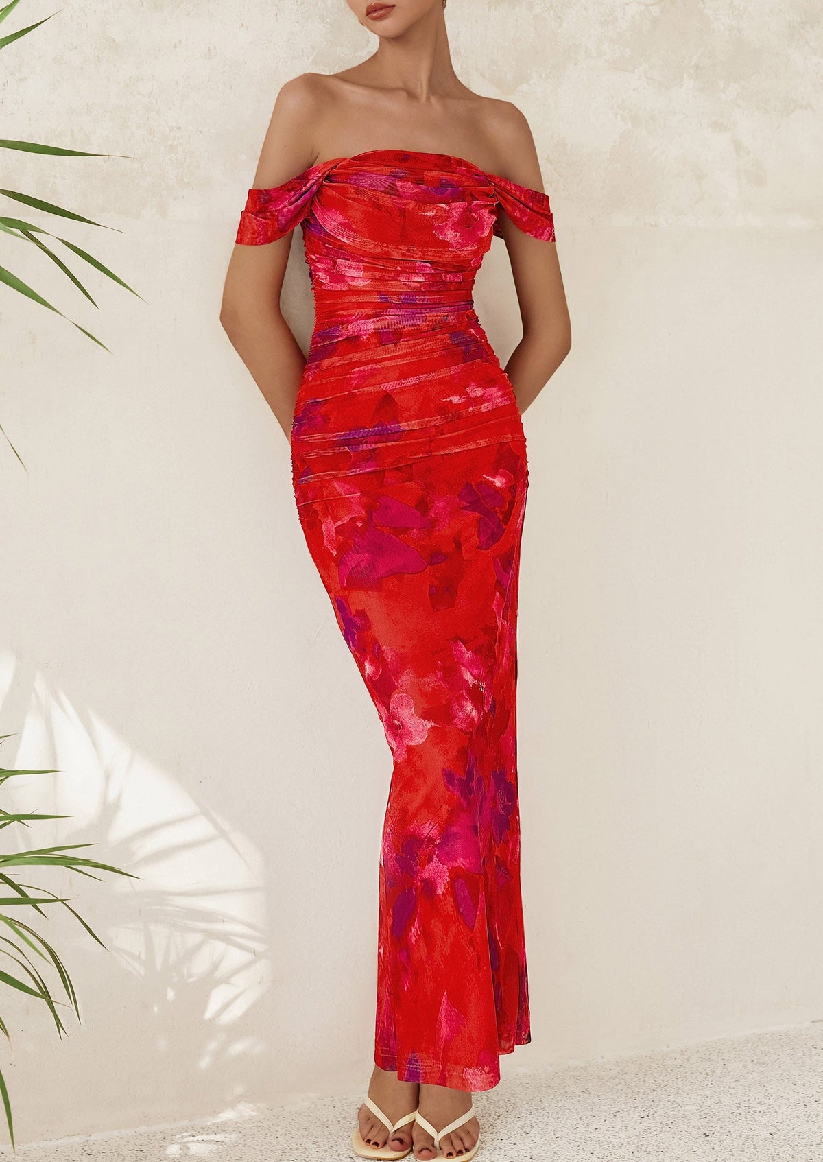 Floral Mesh Ruched Maxi Dress - Off-Shoulder, Cocktail - photo 49