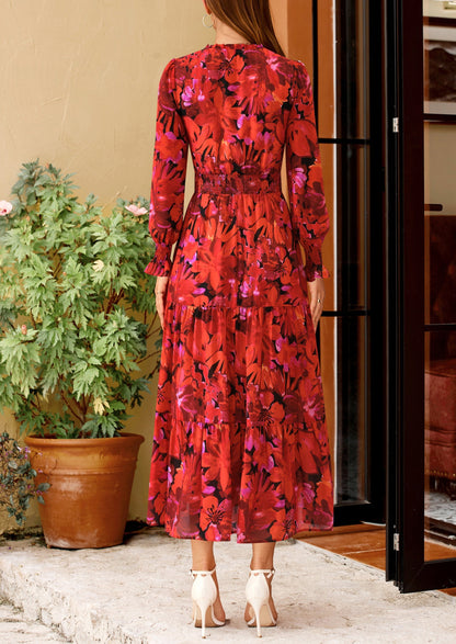 Floral A-Line Flowy Maxi Dress - Long Sleeve, V-Neck, Casual - photo 15