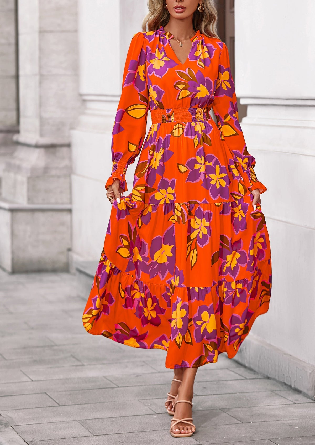 Floral A-Line Flowy Maxi Dress - Long Sleeve, V-Neck, Casual - photo 18