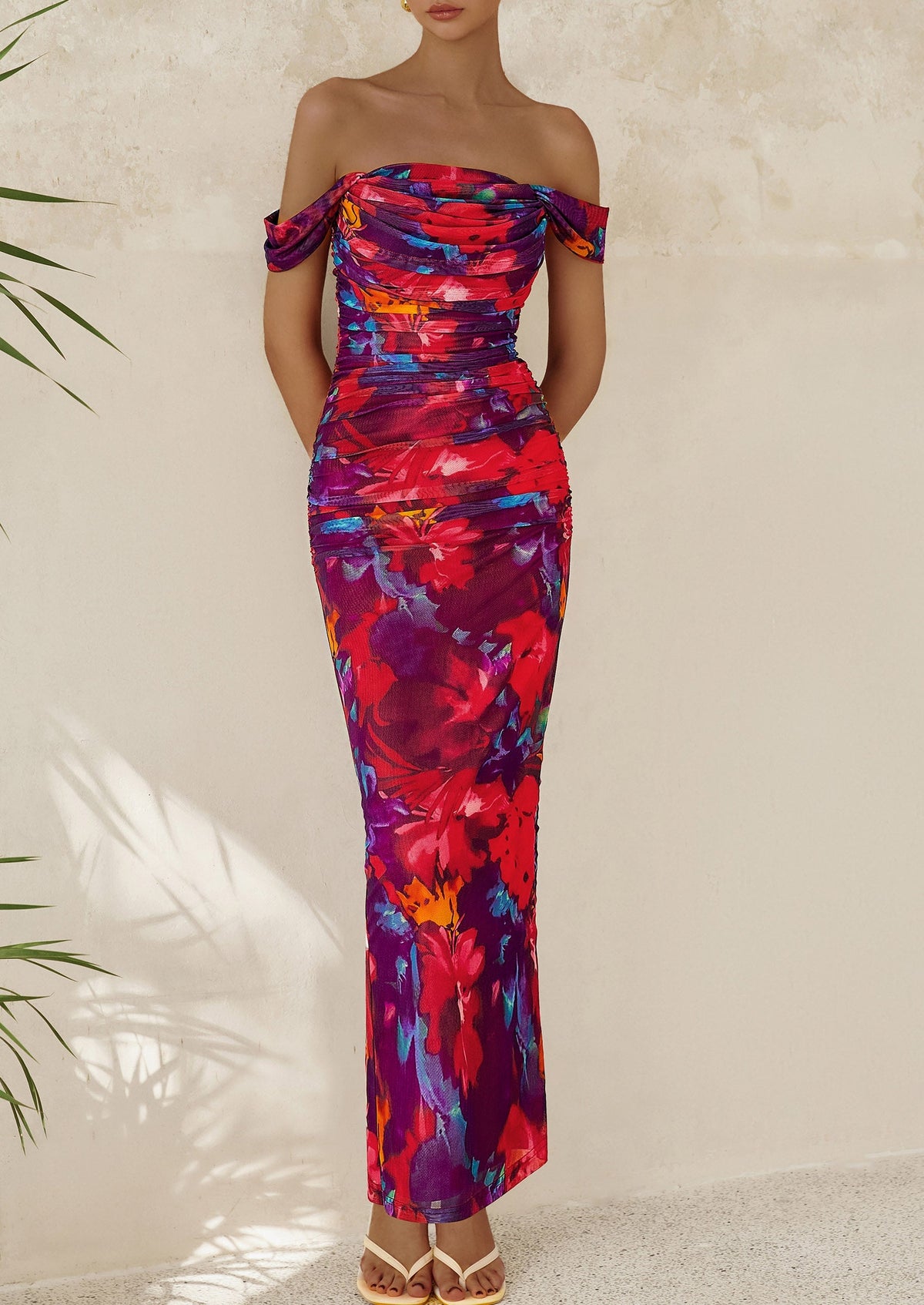 Floral Mesh Ruched Maxi Dress - Off-Shoulder, Cocktail - photo 19