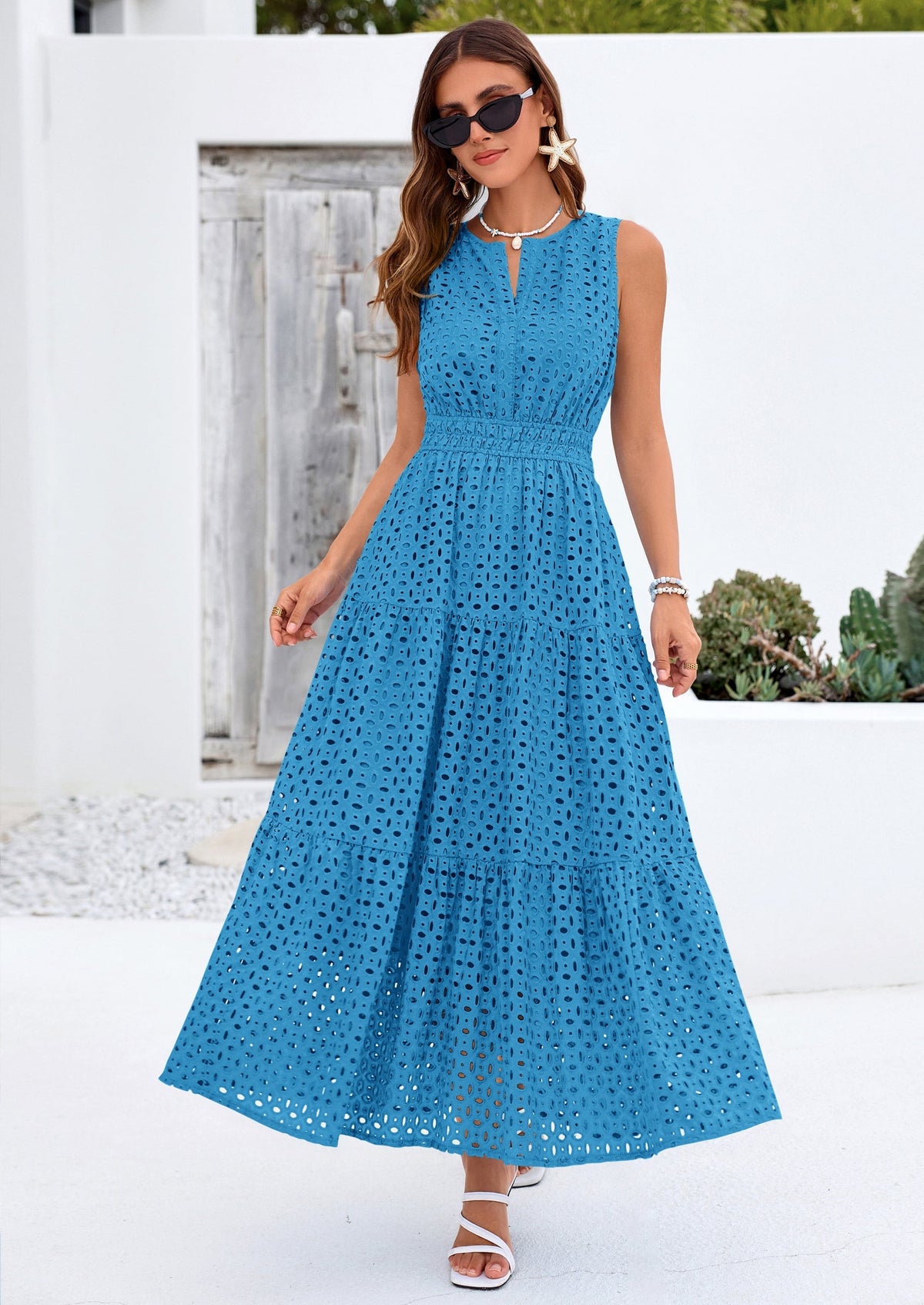 Eyelet A-Line Flowy Maxi Dress - Sleeveless, V-Neck, Beach - photo 32