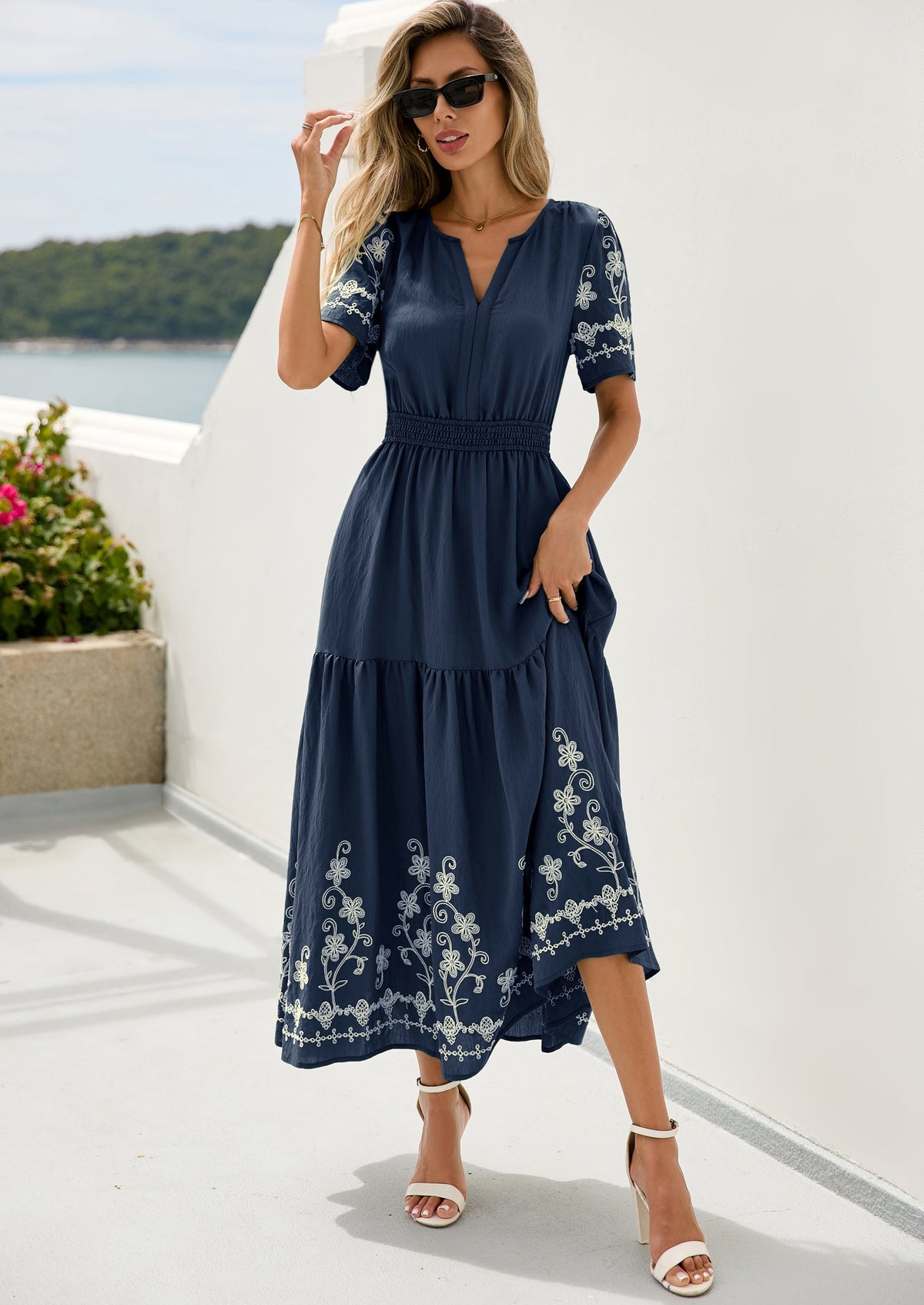 Floral A-Line Flowy Maxi Dress - Short Sleeve, V-Neck, Boho - photo 10