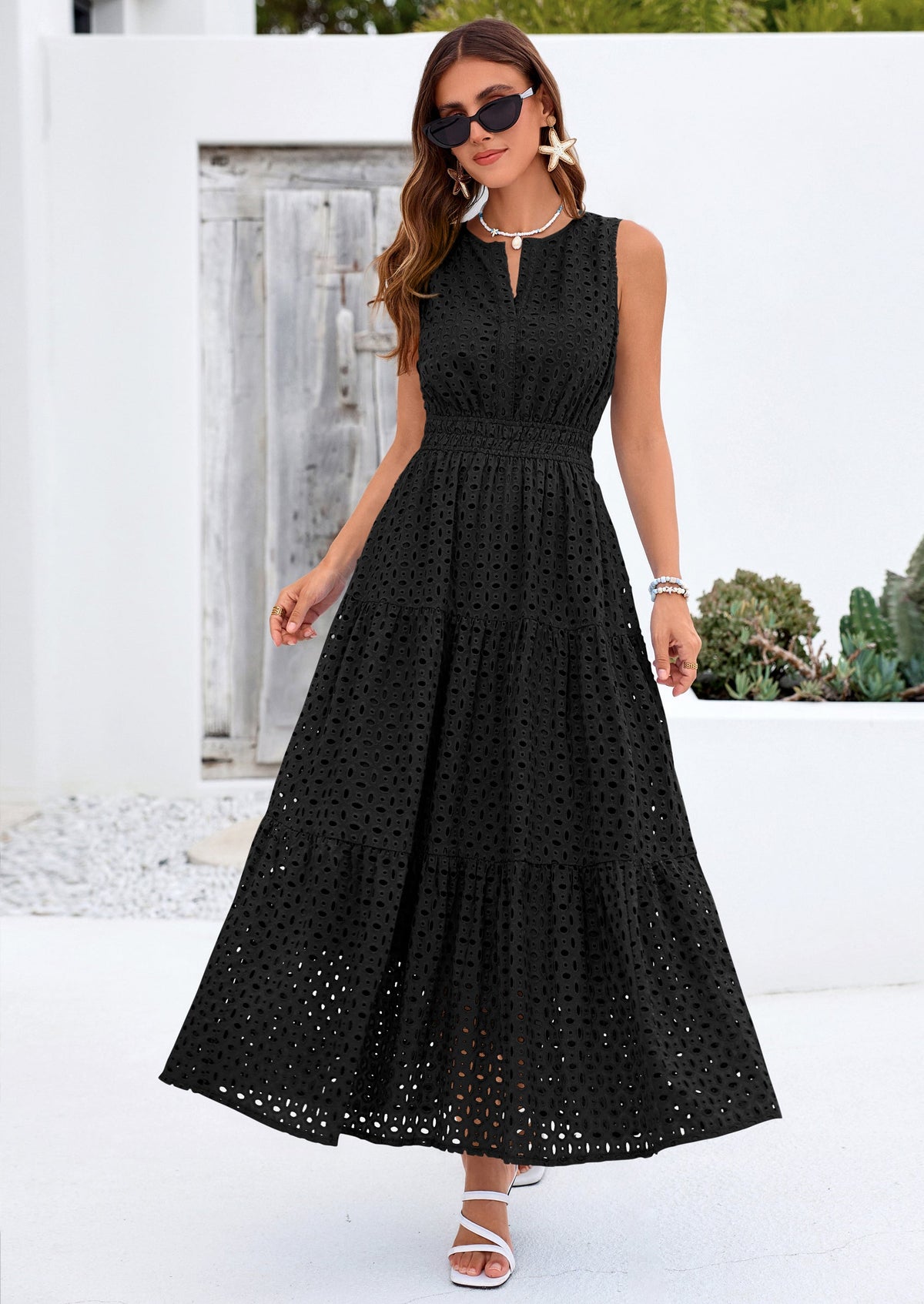 Eyelet A-Line Flowy Maxi Dress - Sleeveless, V-Neck, Beach - photo 12