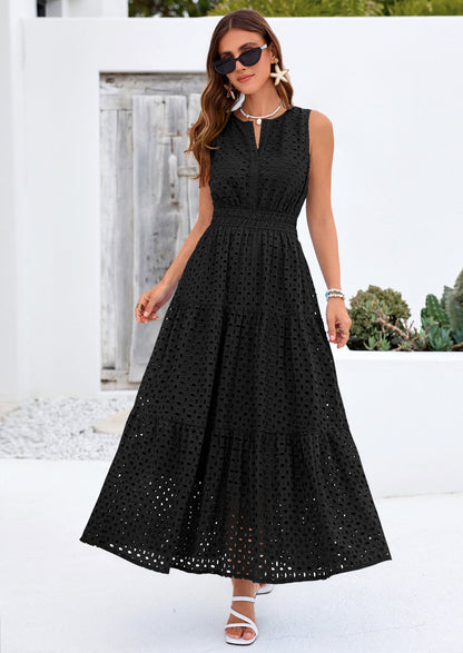 Eyelet A-Line Flowy Maxi Dress - Sleeveless, V-Neck, Beach - photo 12