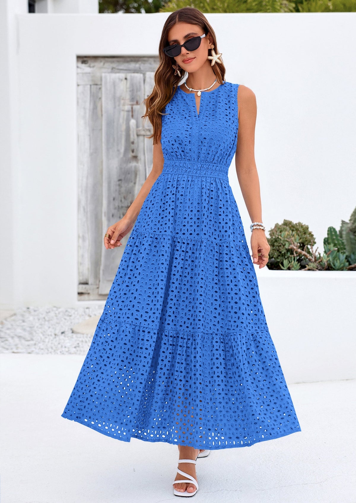 Eyelet A-Line Flowy Maxi Dress - Sleeveless, V-Neck, Beach - photo 37