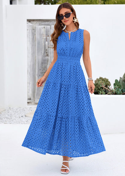 Eyelet A-Line Flowy Maxi Dress - Sleeveless, V-Neck, Beach - photo 37