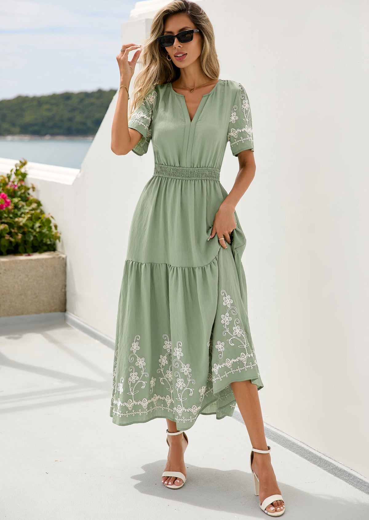 Floral A-Line Flowy Maxi Dress - Short Sleeve, V-Neck, Boho - photo 4