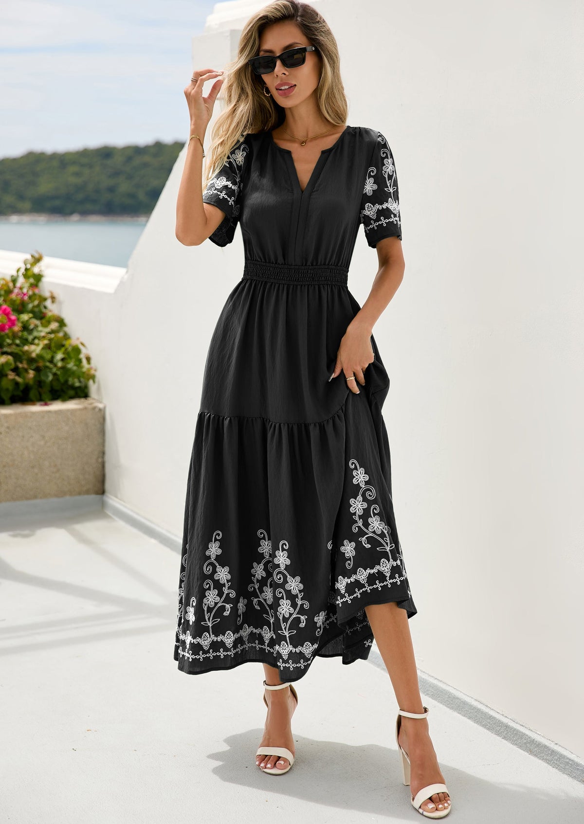 Floral A-Line Flowy Maxi Dress - Short Sleeve, V-Neck, Boho - photo 16
