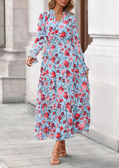 Floral A-Line Flowy Maxi Dress - Long Sleeve, V-Neck, Casual - photo 5