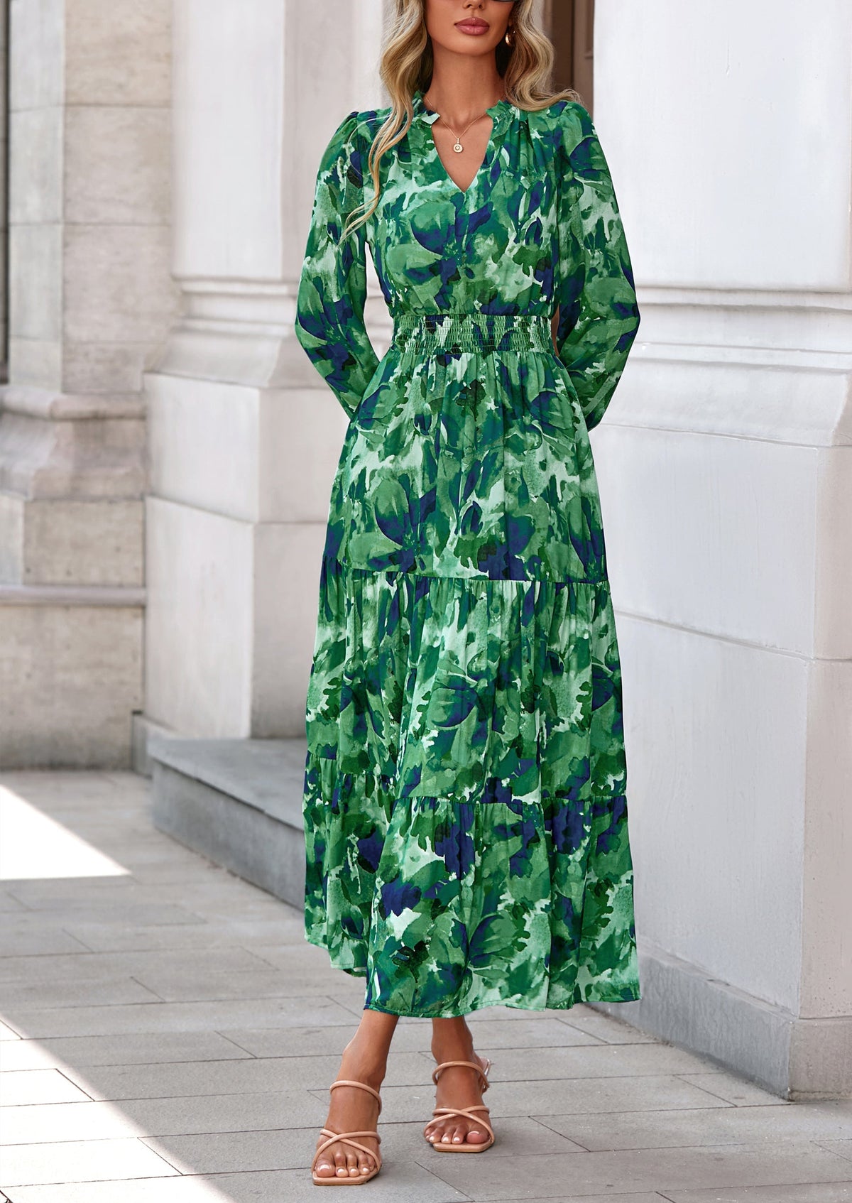 Floral A-Line Flowy Maxi Dress - Long Sleeve, V-Neck, Casual - photo 70