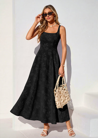 Jacquard Flowy Maxi Dress - Sleeveless, Square Neck, Casual - photo 28