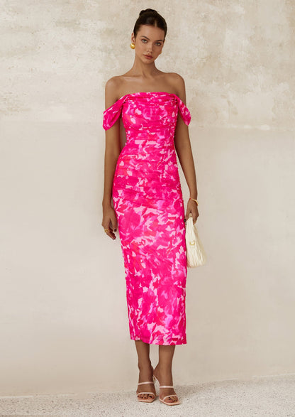 Floral Mesh Ruched Maxi Dress - Off-Shoulder, Cocktail - photo 4