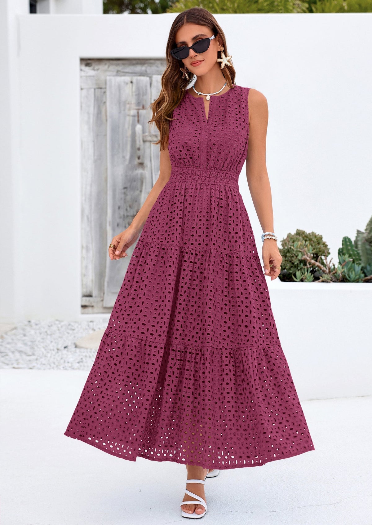 Eyelet A-Line Flowy Maxi Dress - Sleeveless, V-Neck, Beach - photo 27