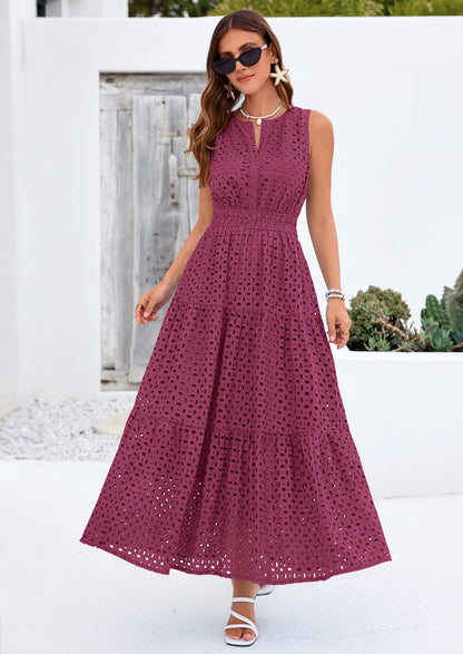 Eyelet A-Line Flowy Maxi Dress - Sleeveless, V-Neck, Beach - photo 27
