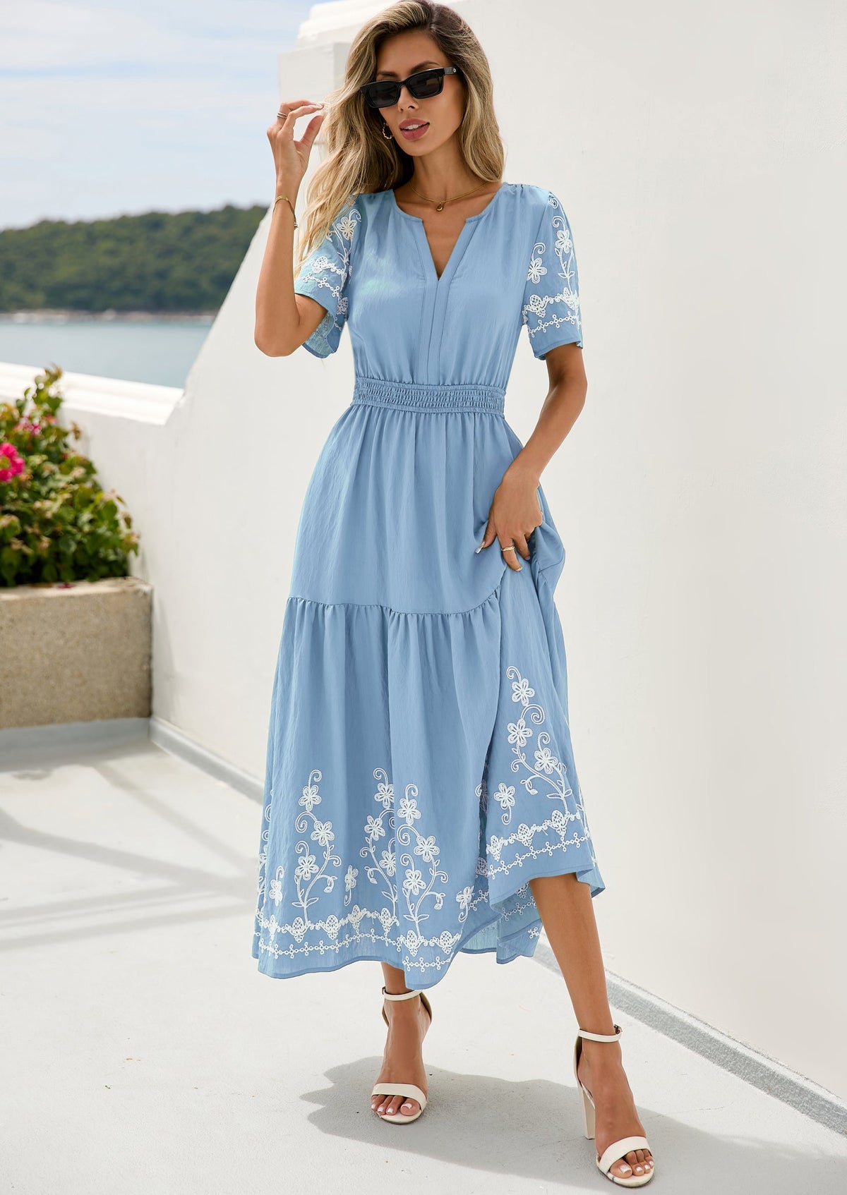 Floral A-Line Flowy Maxi Dress - Short Sleeve, V-Neck, Boho - photo 28