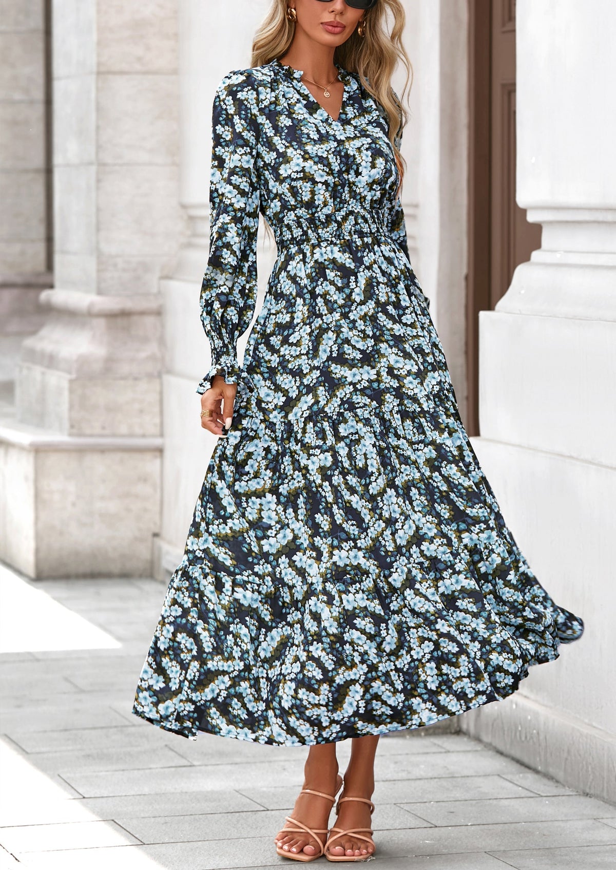 Floral A-Line Flowy Maxi Dress - Long Sleeve, V-Neck, Casual - photo 54